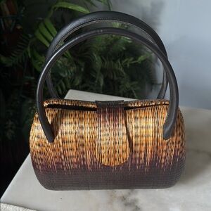 Vintage Brown and Black Woven Straw Handbag